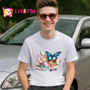 Tricou Fluture albastru cu negru pe flori de crin desen vibrant Copii | Dama | Barbat Barbat - Img 6