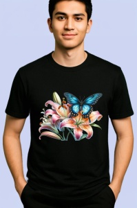 Tricou Fluture albastru cu negru pe flori de crin desen vibrant Copii | Dama | Barbat, negru - Img 2
