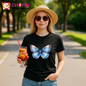 Tricou Fluture albastru deschis cu textura realista si buline Copii | Dama | Barbat, negru - Img 1