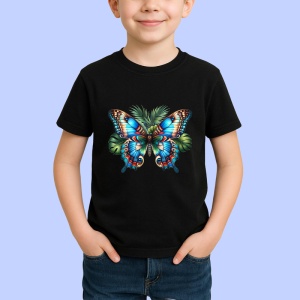 Tricou Fluture albastru intens cu model simetric floral Copii | Dama | Barbat, negru - Img 3