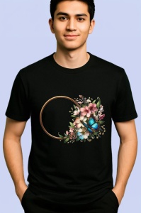 Tricou Fluture albastru pe coronita florala stil romantic decorativ Copii | Dama | Barbat, negru - Img 2