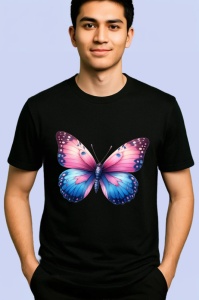 Tricou Fluture albastru pe flori de magnolie stil romantic Copii | Dama | Barbat, negru - Img 2