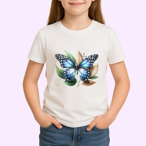 Tricou Fluture albastru pe frunze bej grafica decorativa Copii | Dama | Barbat Barbat - Img 4
