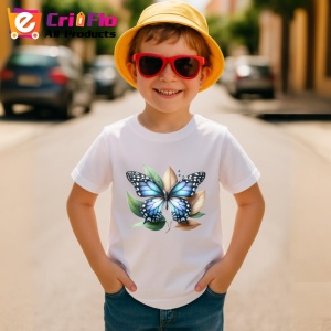 Tricou Fluture albastru pe frunze bej grafica decorativa Copii | Dama | Barbat Barbat - Img 10