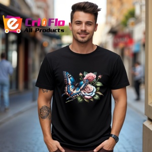 Tricou Fluture albastru pe trandafiri roz compozitie romantica Copii | Dama | Barbat, negru - Img 6