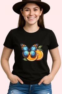 Tricou Fluture albastru si portocaliu pe felii de portocala Copii | Dama | Barbat, negru - Img 3