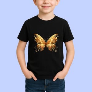 Tricou Fluture auriu cu aripi simetrice stil luxos si ornamental Copii | Dama | Barbat, negru