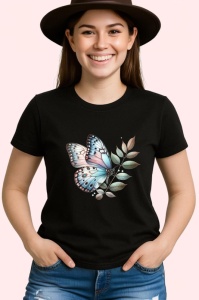 Tricou Fluture pastel albastru si roz pe frunze bej Copii | Dama | Barbat Barbat - Img 7