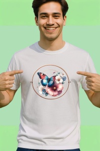 Tricou Fluture portocaliu in cerc cu flori roz compozitie romantica Copii | Dama | Barbat Barbat - Img 2