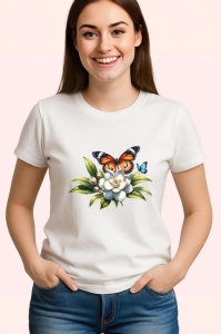 Tricou Fluture portocaliu pe floare alba stil floral delicat Copii | Dama | Barbat Barbat - Img 3