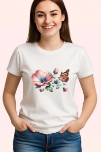 Tricou Fluture portocaliu pe flori de mac compozitie florala Copii | Dama | Barbat Barbat - Img 3