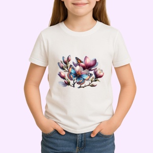 Tricou Fluture portocaliu pe flori de magnolie compozitie botanica Copii | Dama | Barbat Barbat