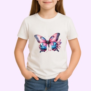 Tricou Fluture roz pastel cu albastru pe fundal floral Copii | Dama | Barbat Barbat - Img 4