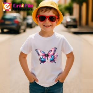 Tricou Fluture roz pastel cu albastru pe fundal floral Copii | Dama | Barbat Barbat - Img 13