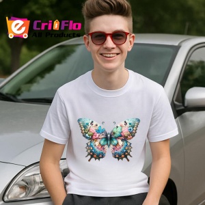 Tricou Fluture roz si turcoaz cu model floral artistic Copii | Dama | Barbat Barbat - Img 9