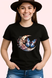 Tricou Fluturi albastri si maro pe luna si flori compozitie mistica Copii | Dama | Barbat Barbat - Img 6