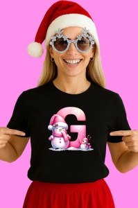 Tricou G Litera Craciun Roz Cu Om De Zapada Fulgi De Zapada, din bumbac 100% Copii | Dama | Barbat - Img 3