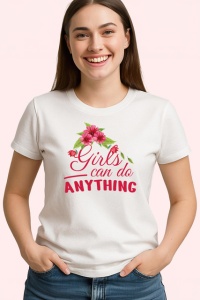 Tricou Girls Can Do Anything Font Rosu V2, din bumbac 100% , tricou alb pentru Dama