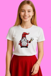 Tricou Gnome Mos Craciun Cu Stea, din bumbac 100%, tricou alb, Copii | Dama | Barbat