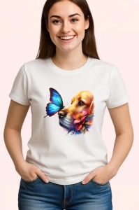 Tricou Golden Retriever cu fluture albastru si flori desen adorabil de vara Copii | Dama | Barbat Barbat - Img 3