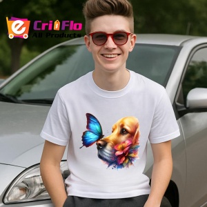Tricou Golden Retriever cu fluture albastru si flori desen adorabil de vara Copii | Dama | Barbat Barbat - Img 9