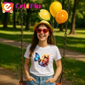 Tricou Golden Retriever cu fluture albastru si flori desen adorabil de vara Copii | Dama | Barbat Barbat