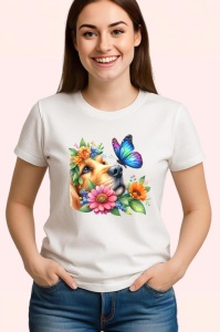 Tricou Golden Retriever printre flori si fluture violet atmosfera de vara Copii | Dama | Barbat Barbat