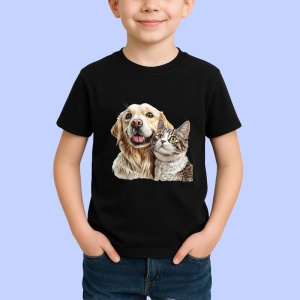 Tricou Golden Retriever si pisica gri tabby fericire in doi Copii | Dama | Barbat Barbat - Img 6