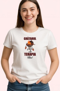 Tricou Gratarul Terapia Mea Ilustratie Foc Si Carne, din bumbac 100% , tricou alb pentru Dama | Barbat