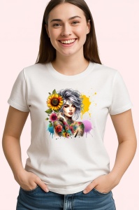 Tricou grey bun girl shoulder flower tattoo, fata coc gri cu tatuaj umar floral, Copii | Dama | Barbat