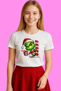 Tricou Grinch Cu Baston Si Cadou Craciun, din bumbac 100%, tricou alb, Copii | Dama | Barbat - Img 3