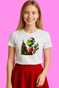 Tricou Grinch Cu Brad Si Globuri, din bumbac 100%, tricou alb, Copii | Dama | Barbat - Img 3