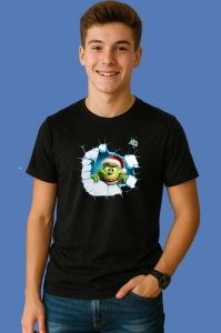 Tricou Grinch Cu Fundal Albastru Si Zambet Mare Craciun, din bumbac 100% Copii | Dama | Barbat - Img 2