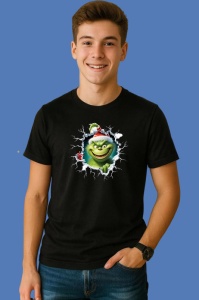 Tricou Grinch Cu Fundal Gri Si Braduti Craciun, din bumbac 100% Copii | Dama | Barbat - Img 2