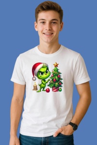 Tricou Grinch Langa Brad Cu Lumanare De Craciun, din bumbac 100%, tricou alb, Copii | Dama | Barbat - Img 3