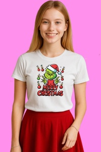 Tricou Grinch Merry Christmas Cu Decor, din bumbac 100%, tricou alb, Copii | Dama | Barbat - Img 3