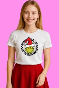 Tricou Grinch Santa Hat Checkered Circle, din bumbac 100%, tricou alb, Copii | Dama | Barbat