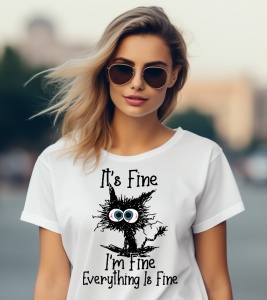 Tricou haios dama cu Pisica Zgribulita: E bine, sunt bine, totul este bine (It's fine, I'm fine, Everything it's fine)