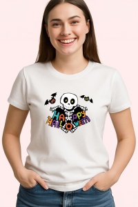 Tricou Halloween Schelet Color, din bumbac 100%, tricou alb, Dama | Barbat