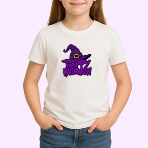 Tricou Happy Halloween Palarie Vrajitoare Mov V4, din bumbac 100% , tricou alb pentru Copii | Dama | Barbat