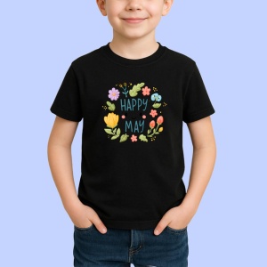 Tricou Happy May Flori Colorate Fundal Gri V1, din bumbac 100%, tricou negru Copii | Dama | Barbat - Img 1