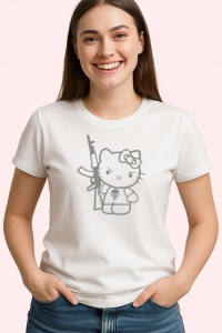 Tricou Hello Kitty Cu Arma Personaj Amuzant Negru, din bumbac 100% , tricou alb pentru Copii | Dama | Barbat