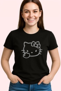 Tricou Hello Kitty Deget Mijlociu Parodie Fundal Alb, din bumbac 100%, tricou negru Copii | Dama | Barbat