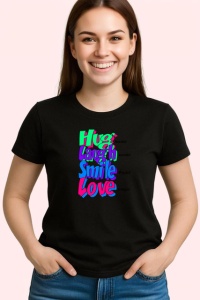 Tricou Hug Laugh Smile Love Text Colorat V1, din bumbac 100%, tricou negru Copii | Dama | Barbat - Img 3