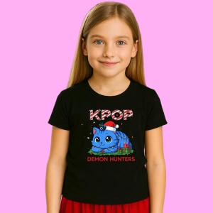Tricou Huntrix K Pop Hunters Demon Pisica Albastra Craciun Ornament Caciula, din bumbac 100%, tricou negru, Copii | Dama | Barbat - Img 2