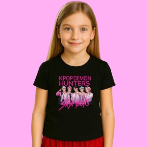 Tricou Huntrix K Pop Hunters Demon Saja Boys Roz Neon, din bumbac 100%, tricou negru, Copii | Dama | Barbat - Img 2