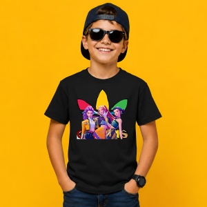 Tricou Huntrix K-Pop Style Urban Neon Purple Streetwear, din bumbac 100%, tricou negru, Copii | Dama | Barbat - Img 3
