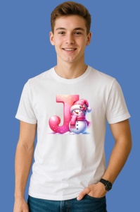 Tricou J Litera Craciun Roz Cu Om De Zapada Fulgi De Zapada, din bumbac 100% Copii | Dama | Barbat