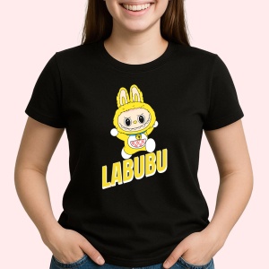 Tricou Labubu galben simplu, Unisex Dama si Barbat | Copii, Culoare Negru