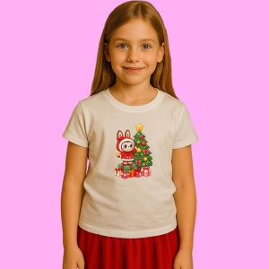 Tricou Labubu Langa Brad Cu Multe Cadouri, din bumbac 100%, tricou alb, Copii | Dama | Barbat